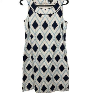 Talbots Petite Linen White and Blue Diamond Geometric Printed Sheath Tunic Dress